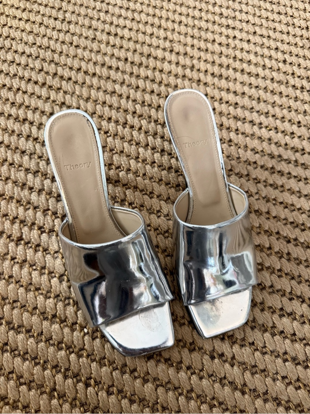 Theory Silver Metallic Square-Toe Slide Mules
